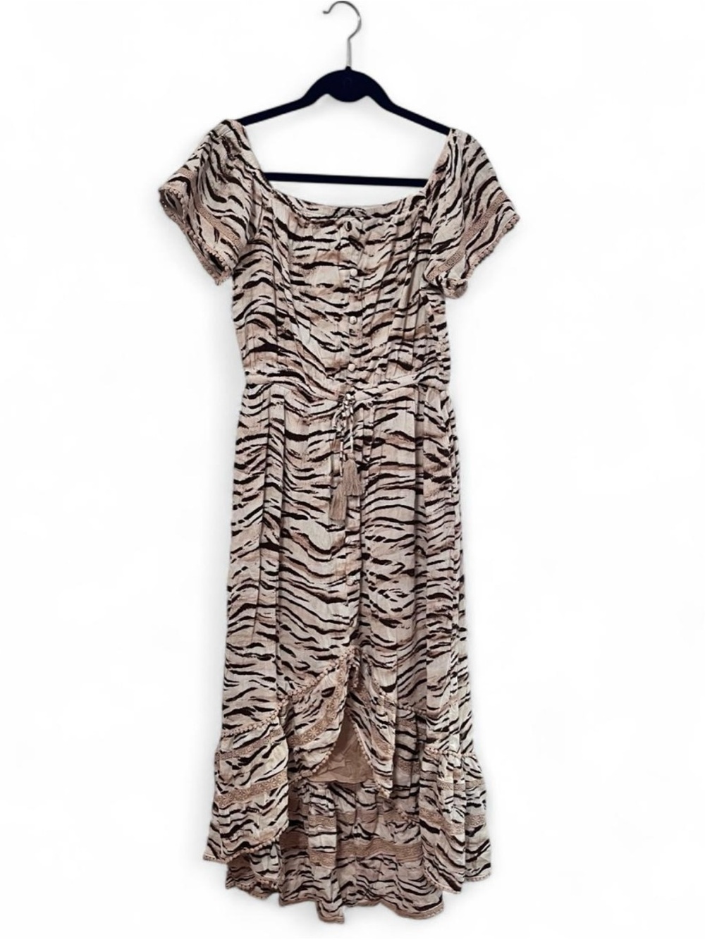 INC International Concepts Beige Tiger-Print Off-Shoulder Midi Dress